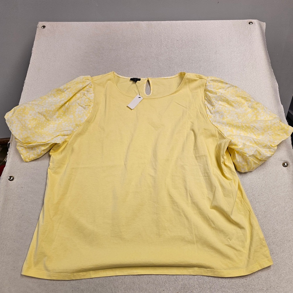 Talbots Plus Womens 3X Yellow Floral Puff Sleeve Knit Top Keyhole Back New